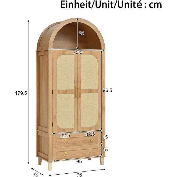 Hochschrank 76 x 40 x 179,5 cm in Natur mit Rattan-Dekor und App-gesteuerter LED-Beleuchtung – Bild 4