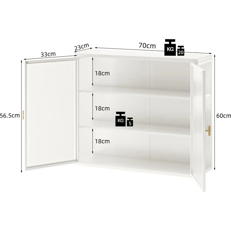 DESVIAE Sideboard Wandschrank Weiß aus Metall/gehärtetem Glas – 70x60x23 cm – 2 Türen, 3 Ablagen – Bild 7