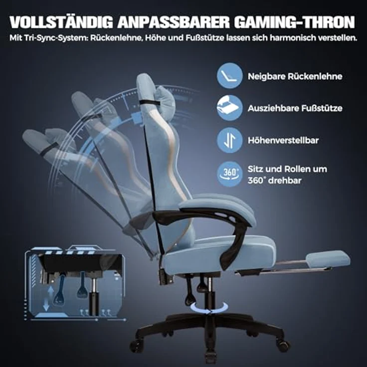 GTPLAYER Gaming Stuhl Ergonomischer, PC Stuhl Atmungsaktiver Stoff, Groß und Hoch Drehbarer Schreibtischstuhl mit Fußstütze,Verstellbare Lendenwirbelstütze und Kopfstütze,Hellblau – Bild 6