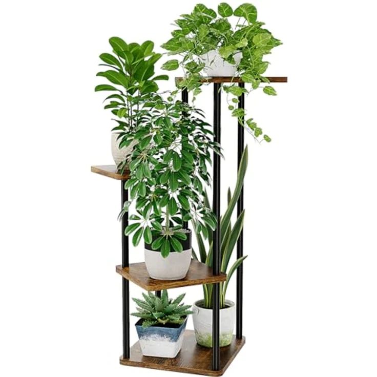 Bamworld Pflanzenständer Blumenständer Metall Schwarz Pflanzenregal Indoor Outdoor mit 4 Etagen Eck Blumenständer für Terrasse, Garten, Balkon, Wohnzimmer, Schlafzimmer (Braun) – Bild 1
