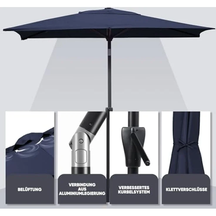 Sekey Sonnenschirm mit Kurbel und UV50+, knickbar, Aluminium blau, 210 × 140 cm – Bild 2