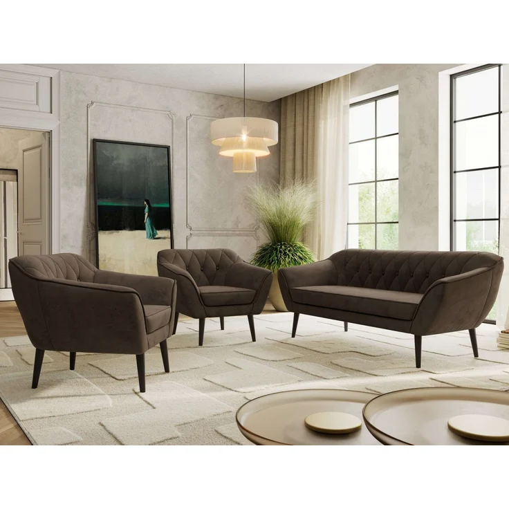 Wohnzimmerset PIRS 1-1-3, Skandinavisches 3-Sitzer Sofa mit Sesseln, Sofa mit Wellenfederung, schwarze Füße, Skandinavisches Möbelset - Braun Velvet – Bild 4
