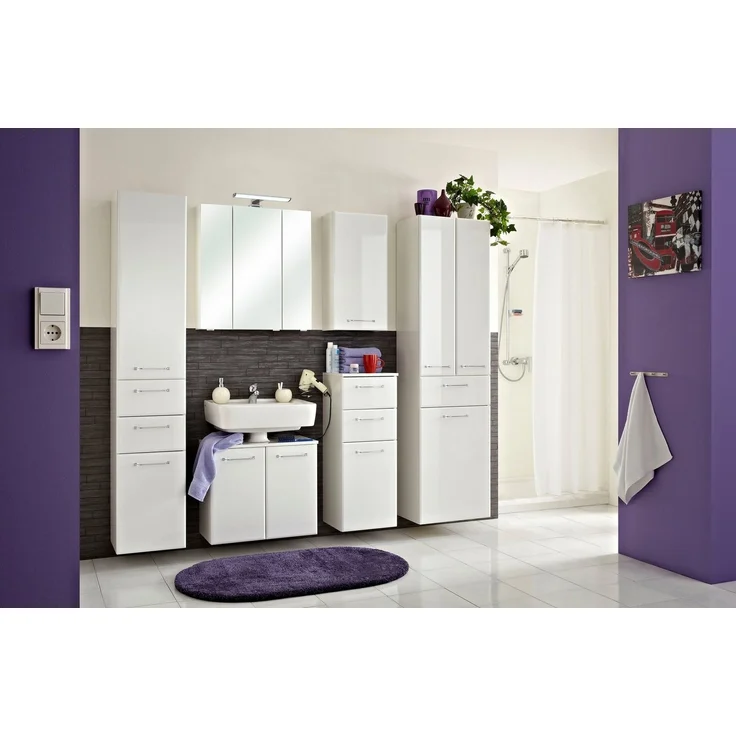 Saphir Hochschrank Quickset Badschrank 50 cm breit, 2 Türen, 1 Schublade, 1 Wäschekippe Badezimmer-Hochschrank inkl. Türdämpfer, Griffe in Chrom glänzend – Bild 2