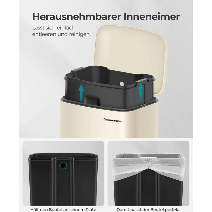 SONGMICS Abfalleimer für die Küche, 30 l, Abfalleimer aus Stahl mit Pedal, Deckel und Inneneimer, sanfter Verschluss, Wolkenweiß LTB001A01 – Bild 5