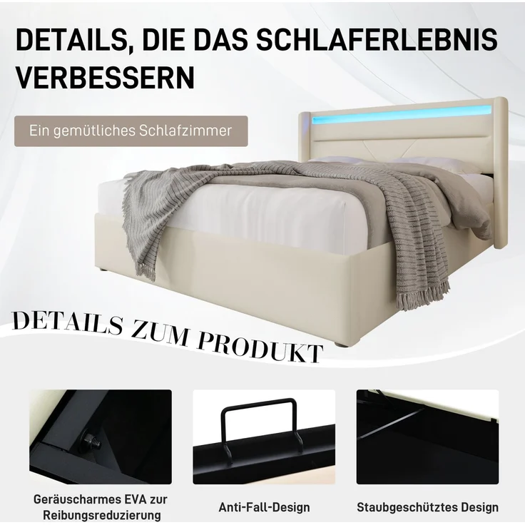 CHICFURN Polsterbett aus PU, Weiß, 160x200 cm, mit hydraulischem Stauraumbett und LED-Beleuchtung – Bild 6