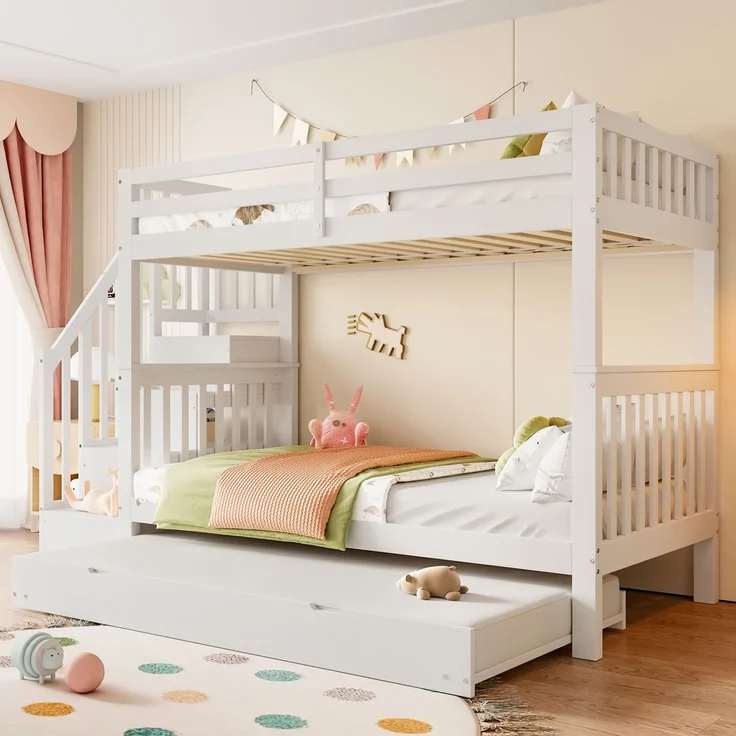 Etagenbett mit ausziehbarem Rollbett & Treppenregal, EN 747-1, weiß, 90x200 cm – Bild 2