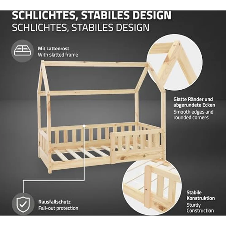 ML-DESIGN Kinderbett Hausbett Spielbett inkl. Lattenrost kreativ Bodenbett für Kinder, Abenteuerbett mit Rausfallschutz Spielbett Kiefer Natur Himmelbett – Bild 5