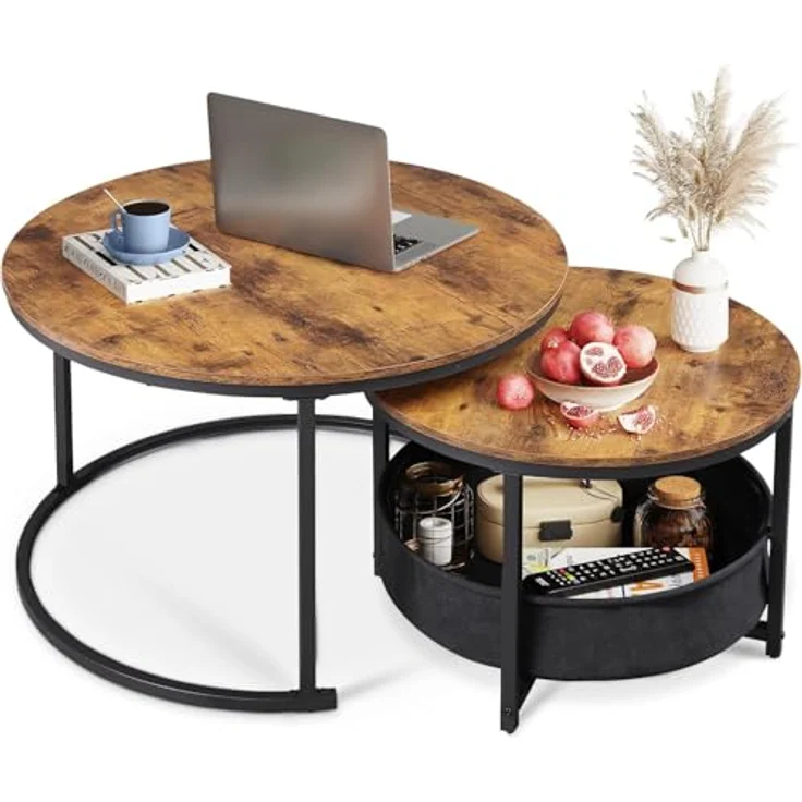 WLIVE Couchtisch 2er Set, Beistelltisch Rund mit Stauraum, Wohnzimmertisch mit Korb aus Stoff，Metallgestell, Kaffeetisch für Wohnzimmer (Rustikales Braun) – Bild 2