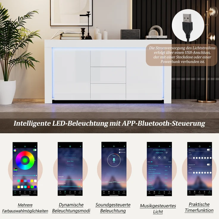 Merax Wohnzimmerschrank, Kommode mit 3 Schubladen, 2 Türen, Hochglanz Beistellschrank mit LED-Lichtleiste, Sideboard mit Stauraum, Weiß – Bild 5