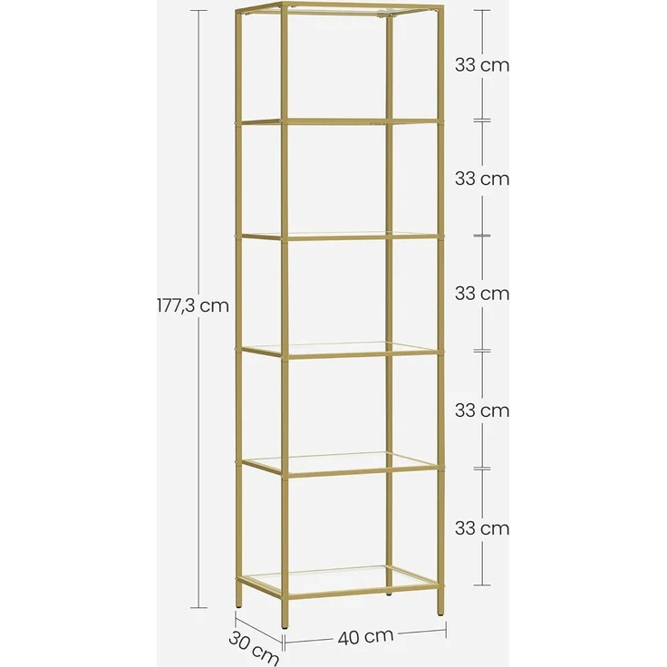 Vasagle Standregal mit 6 Ablagen, Glas, Metall, Gold, 30 x 40 x 177,3 cm – Bild 9