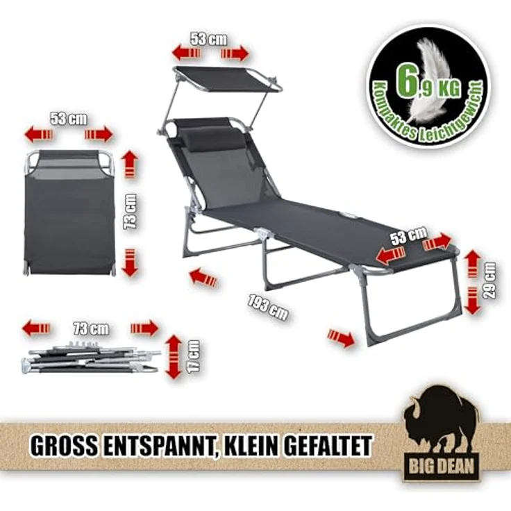 BigDean Sonnenliege klappbar mit Kopfkissen & Dach extra hoch dunkelgrau 150 kg belastbar - hochwertige Gartenliege für Balkon, Garten & Strand – Bild 3