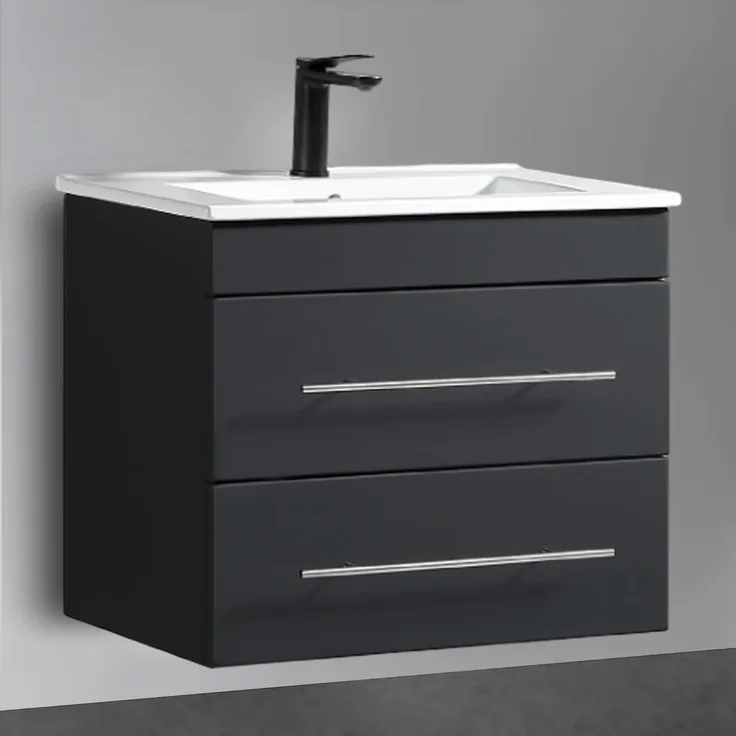 Alpenberger Badmöbel-Set Waschbecken mit Unterschrank - Waschbeckenunterschrank mit Schubladen, (Waschtisch mit Waschbecken 60cm breit, Waschbeckenschrank Hängend), Badezimmerschrank Schwarz Matt 60 cm Breit