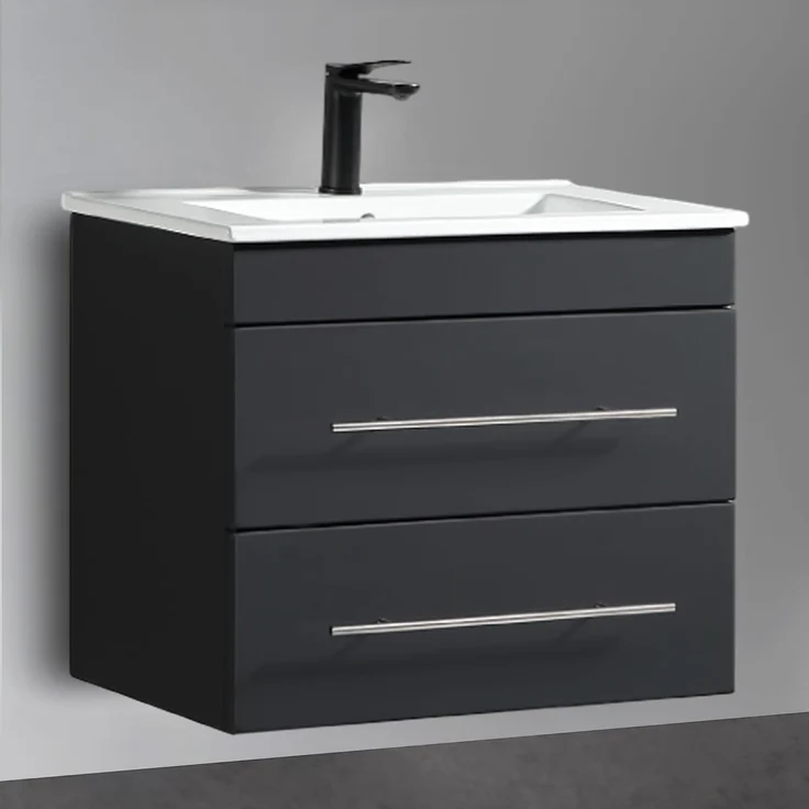 Alpenberger Badmöbel-Set Waschbecken mit Unterschrank - Waschbeckenunterschrank mit Schubladen, (Waschtisch mit Waschbecken 60cm breit, Waschbeckenschrank Hängend), Badezimmerschrank Schwarz Matt 60 cm Breit – Bild 1