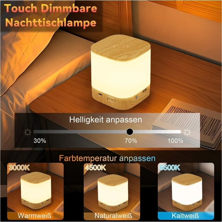 Nettlife LED Nachttischlampe 2ER Touch Dimmbar Akku 1800/3600mAH USB Aufladbar Kabellos, Dimmbar, LED fest integriert, mit 3 Farbtemperaturen&Timing Funktion Nachtlicht – Bild 2