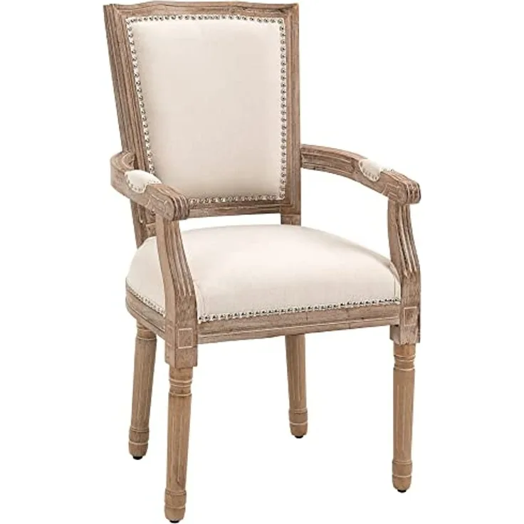 HOMCOM Esszimmerstuhl Küchenstuhl mit Armlehne und Massivholz-Beine (Polsterstuhl, 1 St), Cremeweiß, 59 x 63,5 x 96 cm