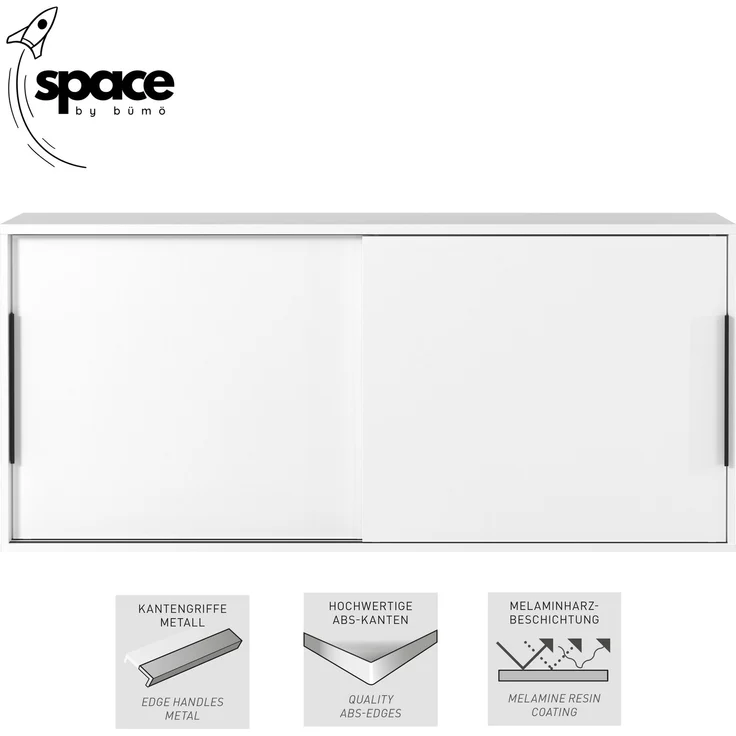 bümö Space Sideboard weiss mit Schiebetüren, Aktenschrank Holz 160 cm breit - Büro Schrank mit Schiebetür, Büroschrank schmal für die Dachschräge - Kommode für Ordner, SPCSS1OH-84 – Bild 2