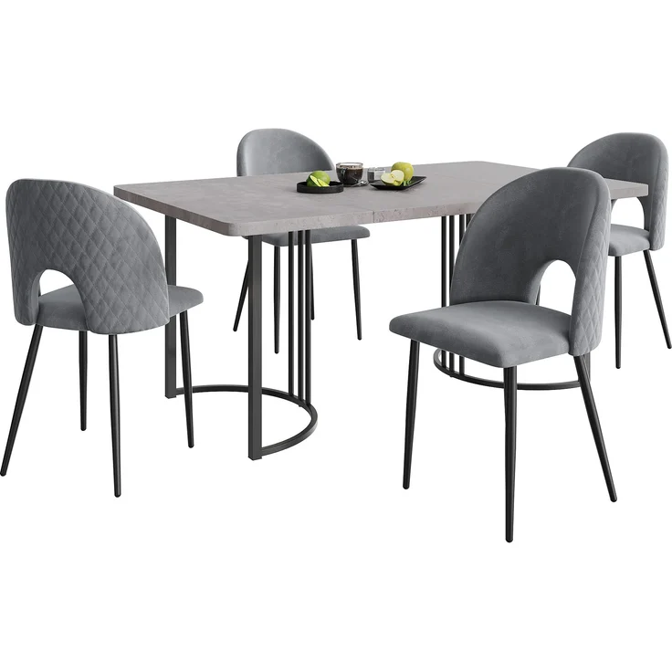 Essgruppe 5-teilig mit Grau Marmor-Optik Esstisch 140x80 cm & 4 grau Samt Esszimmerstühlen, Küchen Tischset – Bild 3