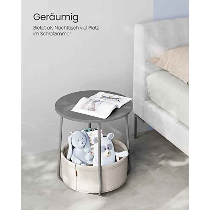 VASAGLE Beistelltisch rund, Kleiner Tisch, Couchtisch klein, Wohnzimmertisch, Korb aus Stoff, Stauraum für Wohnzimmer Schlafzimmer, Nachttisch modern, zementgrau-cremeweiß LET223G49 – Bild 5