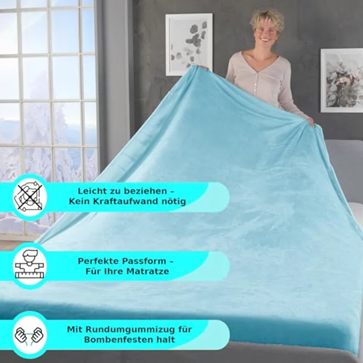 MALIKA® Premium warme Spannbettlaken Cashmere-Touch Bettlaken Jersey Fleece Spannbetttuch Laken, Farbe:Hellblau, Größe:120x200 cm – Bild 6