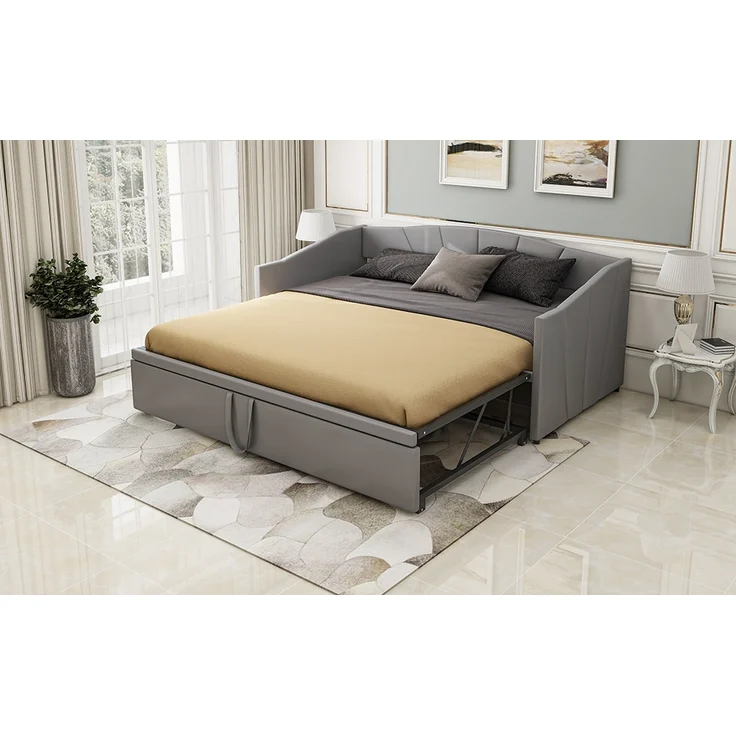 Polsterbett, Ausziehbares Schlafsofa 90/180 × 200 cm mit Lattenrosten, Multifunktionsbett aus hautfreundlichem Samtstoff, Samtstoff, Grau, 90/180 × 200 cm – Bild 8