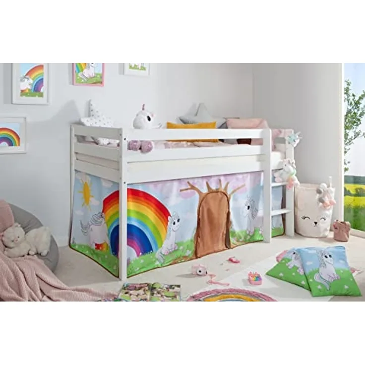Hochbett "Einhorn Rainbow" 90x200 Kiefer massiv weiß