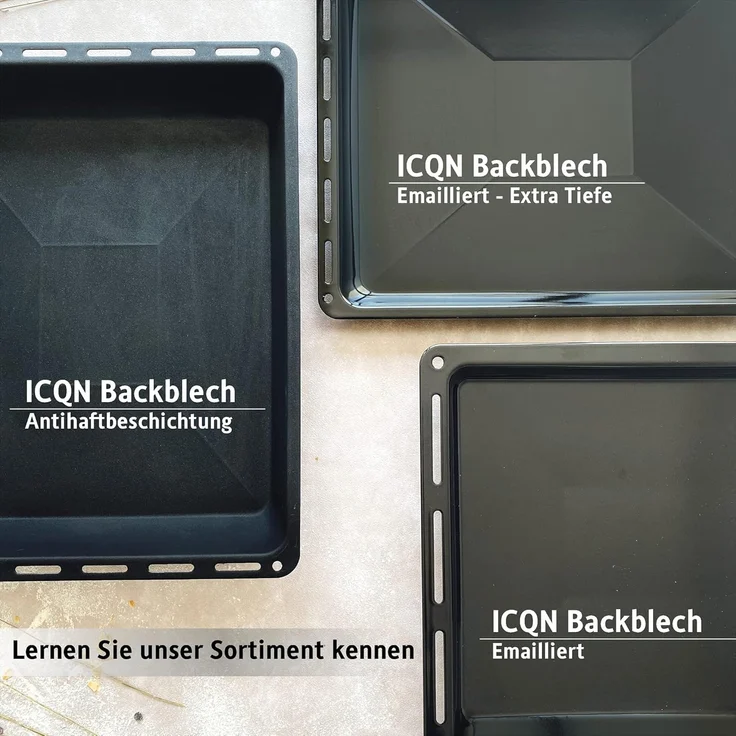 ICQN Backblech 455 x 375 mm Set, 30 und 60 mm Extra Tiefe mit Gitter, Emailliert, (Set, 3-St, 455x30 und 455x60 mm set mit Backofenrost), Passend für Bosch, Siemens, Neff, Constructa, Flavel, Fettpfanne – Bild 7