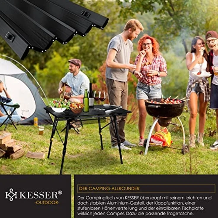 KESSER® Campingtisch faltbar Klapptisch mit Aluminiumrahmen Aufrollbare Tischplatte Falttisch klappbar höhenverstellbar inkl. Tragetasche mit Trageband & Netztasche Schwarz – Bild 7