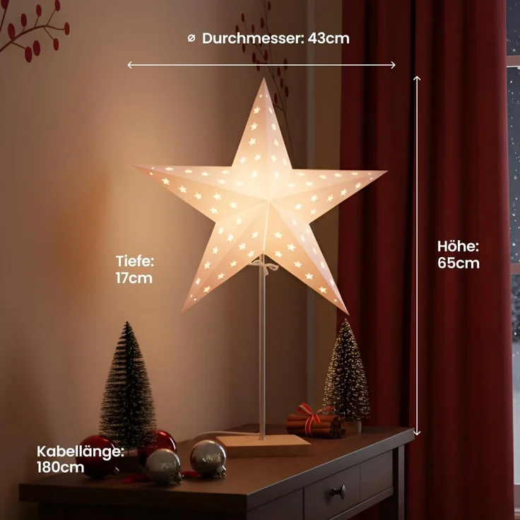 EGLO Tischlampe mit Wechselschirm, 3D Papierstern Weihnachten oder eckiger Lampenschirm in Weiß mit Fuß aus Holz und Metall, Dekostern Tischleuchte mit Kabelschalter, E14, Höhe 65 cm – Bild 6