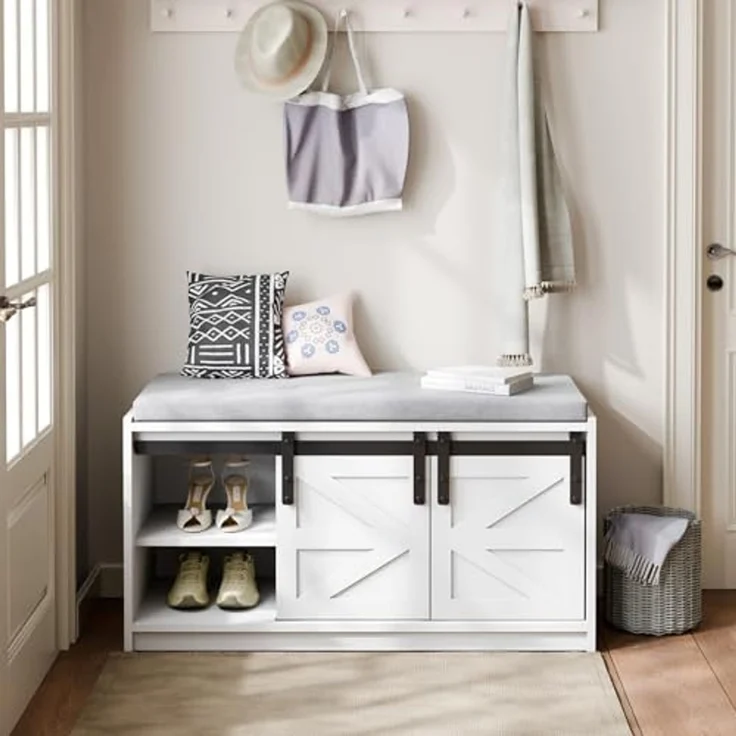 Mondeer Schuhbank mit Sitzfläche, Sitzbank mit Stauraum und Schiebetüren Abnehmbarem Sitzkissen, für Flur Eingang Schlafzimmer, 90 x 45 x 35 cm, Weiß – Bild 2