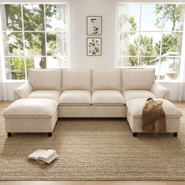 ZUBALIYA Modulare Wohnlandschaft, mit Stauraum, modular kombinierbar, mit Hocker, H 84 × T 142.5 × B 264.5 cm, Beige, Chenille – Bild 11