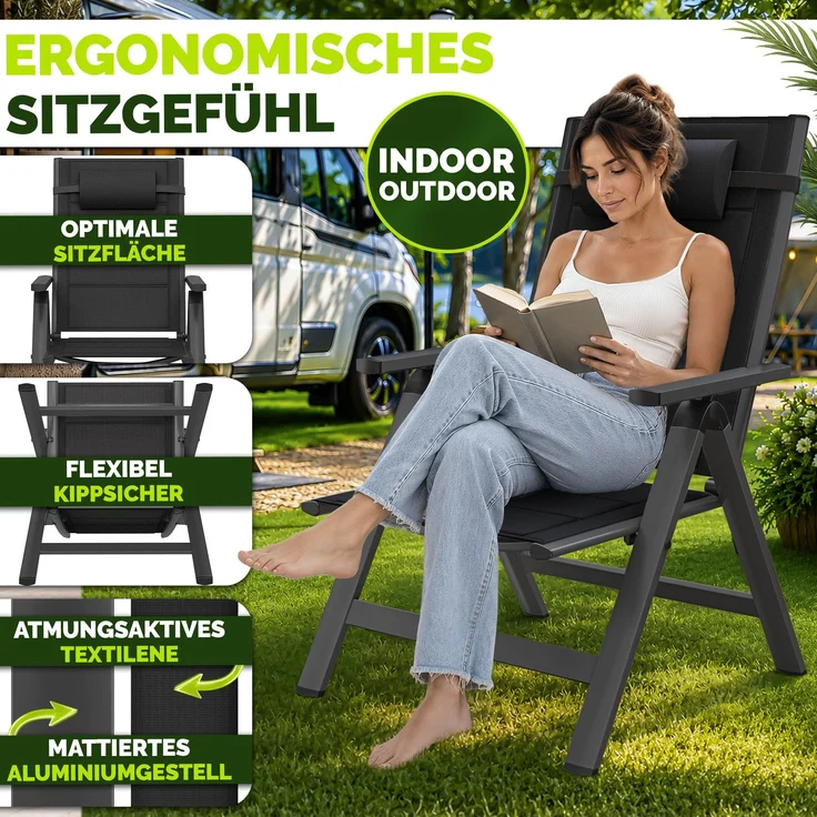 tillvex Gartenstuhl mit Polster Premium 2 Stück Anthrazit klappbar aus Aluminium | Hochlehner mit Armlehnen | Klappstuhl verstellbar | Klappsessel Balkon Garten Terrasse – Bild 5