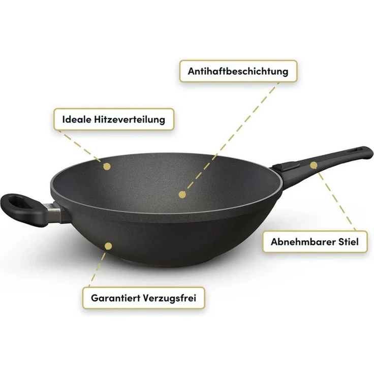 Hoffmann Germany Wok Wokpfanne Aluguss Induktion Ø 32 cm mit Glasdeckel – Made in Germany, Aluguss (Set, 2-tlg, 1x Wok Ø 32 cm + 1x Glasdeckel), abnehmbarer Griff, Antihaft, backofenfest bis 240°C, Induktion – Bild 2