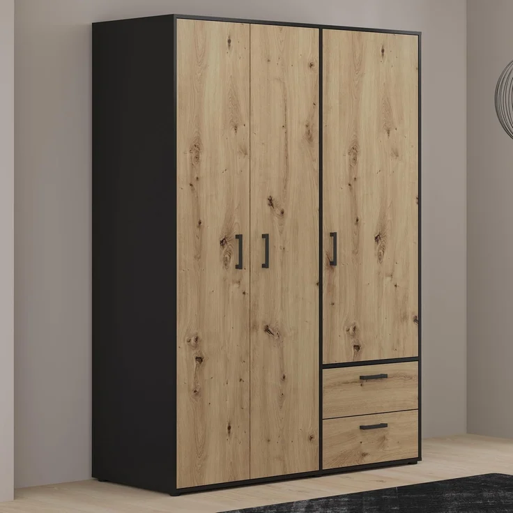 Forte MONISSA Kleiderschrank 140 150, moderner Drehtürenschrank, 3-türig, 2 Schubladen, Holzwerkstoff, Artisan Eiche Holzdekor|Schwarz, 144,4 cm breit x 200,1 cm hoch x 59 cm tief – Bild 2
