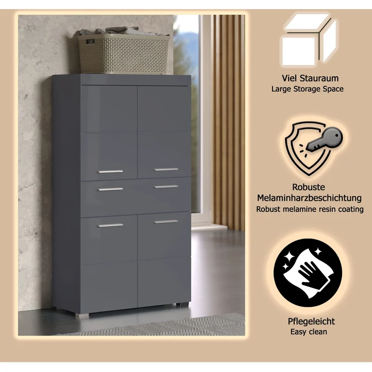 Trendteam 'Amanda' Midischrank, Holz, 132 x 31 x 73 cm, Grau Hochglanz – Bild 16