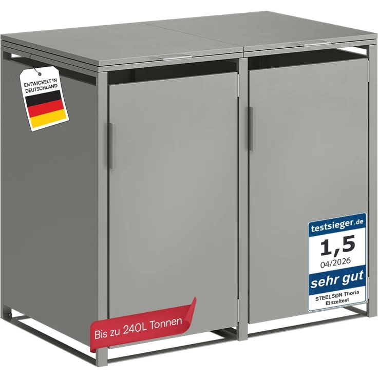 STEELSØN 'Thoria' Mülltonnenbox 2er je 240 Liter, grau, Mülltonnenverkleidung aus Stahl, wetterfest, 116x80x134 cm, Müllbox für 2 Tonnen – Bild 1