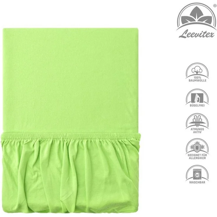 leevitex® Spannbettlaken, Premium 170g/m², Gummizug: rundum, schwer und dick, 100% Jersey-Baumwolle, Apfelgrün / Hellgrün, 90 x 200 - 100 x 220 cm – Bild 2