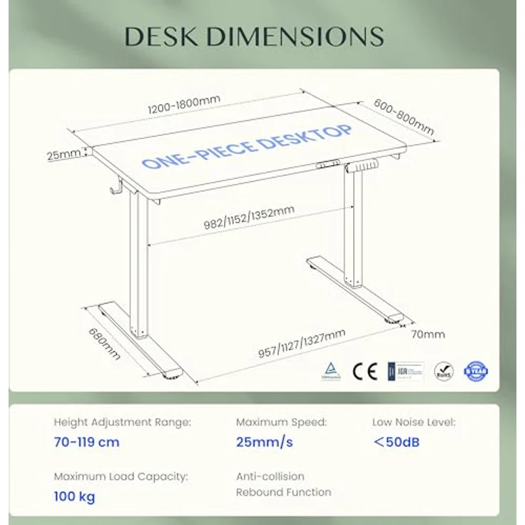 FLEXISPOT Höhenverstellbarer Schreibtisch mit 2 Motoren & 25MM EINTEILIGER Tischplatte 180x80 cm, Ergonomischer Bürotisch Elektrisch mit Kabelmanagement, Memory Funktion & Höhenanzeige – Bild 3