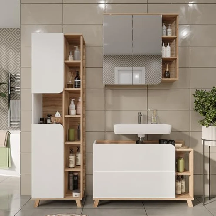 Vichy Badmöbelset Karen, 3-teiliges Set in Sonoma/Weiss, inkl. Waschbeckenunterschrank und Spiegelschrank, robust und elegant – Bild 3