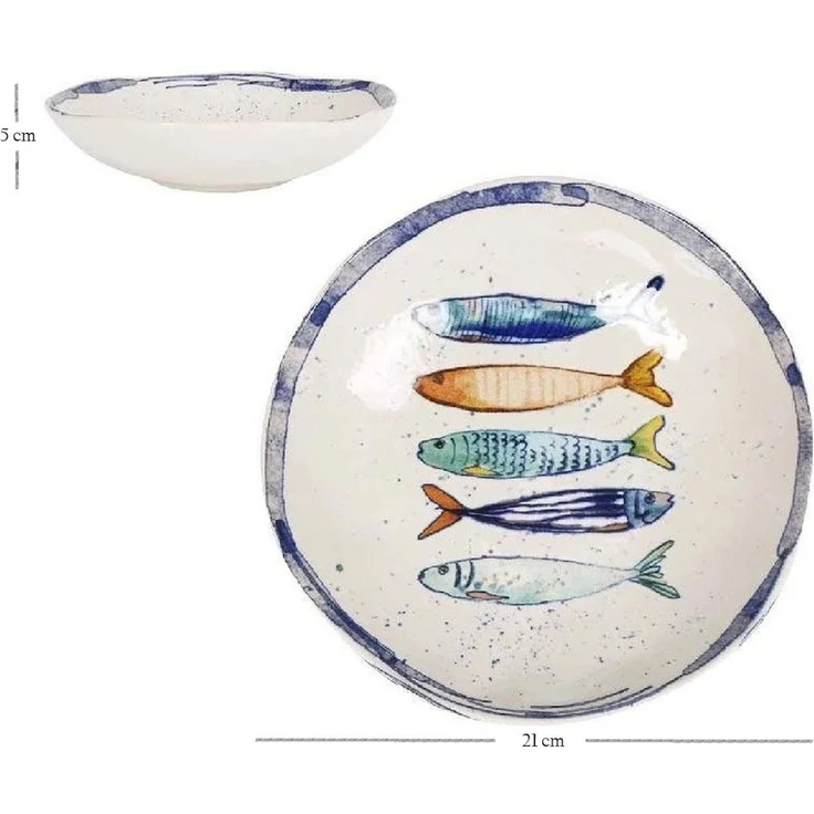 WestCraft Speiseteller Teller, mediterran mit Sardinen-Motiv, Maritime Suppenteller 21 cm, (2 St), 2er Set, hochwertig und robust - langlebig und vielseitig einsetzbar