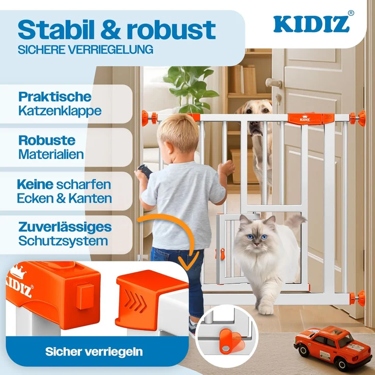 KIDIZ® Absperrgitter zum Klemmen mit Katzenklappe, Türschutzgitter, Autoclose Kinder Treppengitter ohne Bohren | 90° Stopp Schutz, schwenkbar, Treppenschutzgitter Orange, 74 - 80 cm – Bild 6