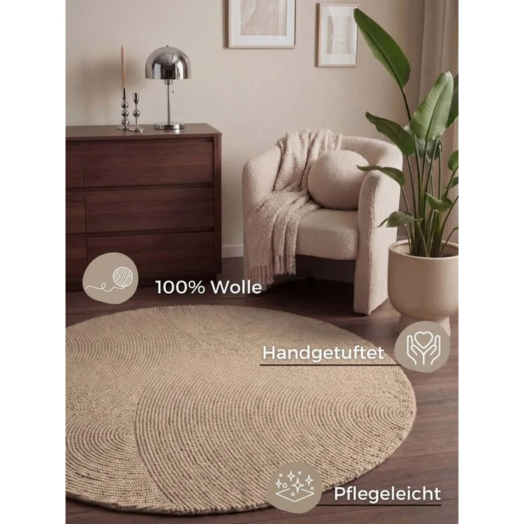 HANSE Home Wollteppich Calmio, auch als Läufer und in rund, rund, Höhe: 18 mm, Handgetuftet, Wolle, Natur, Wohnzimmer, Schlafzimmer, Skandi, Hygge – Bild 3