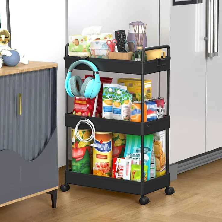 SOLEJAZZ Rollwagen, Küchenwagen mit 3 Ebenen, Mobiler Aufbewahrungsregal-Organizer für Küche, Bad, Waschküche, Schlafzimmer, schmale Plätze, Kunststoff,mit Griffen, 22 x 40 x 61 cm,Schwarz