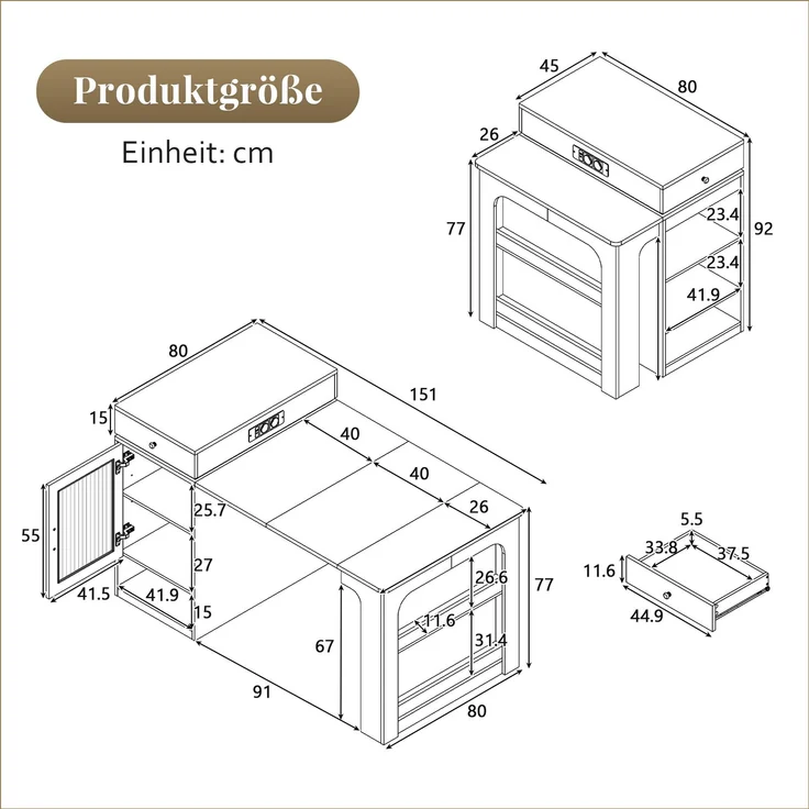 Merax Kücheninsel mit Rollen, Ausziehbarer Esstisch mit abnehmbarer Tischplatte, Bartisch mit Steckdosenleisten, dient als Kücheninsel, Anrichte, Sideboard oder Bartisch für Küche und Esszimmer (Natur) – Bild 4