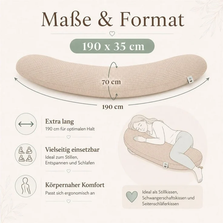 SEI Design Stillkissen Seitenschläferkissen Schwangerschaftskissen Waffelstoff 190cm Beige, Schwangerschaftskissen mit Bezug, 1-tlg, Schwangerschaftskissen mit Bezug, elastischer Waffeljersey Bezug – Bild 2