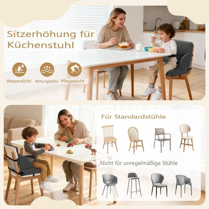 Insma Sitzkissen Kindersitzerhöhung Stuhlkissen Kunstleder 3-Punkt verstellbaren Gurten, wasserdicht, rutschfest, 34,5 × 34,5 × 9cm – Bild 3