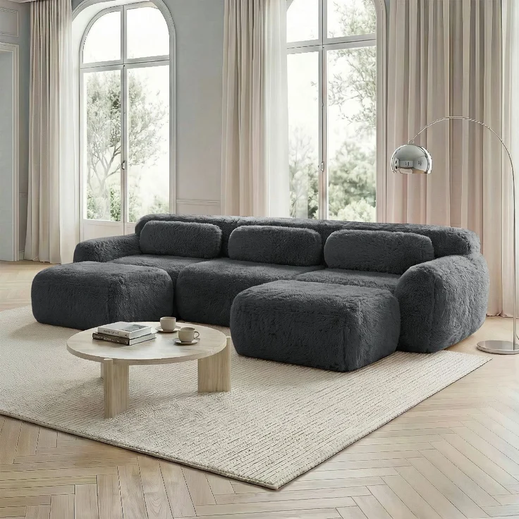 EINHOM U-förmiges modulares Sofa, Plüschstoff, keine Montage, rutschfester Boden, mit Kissen. Ergonomische Unterstützung, hochelastischer Schaumstoff, geeignet für Wohnzimmer, Schlafzimmer, Grau – Bild 1