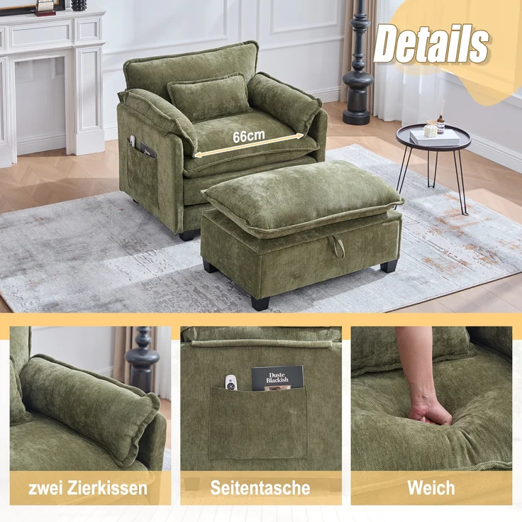 LVHOM Einzelsofa mit Ottomane, Chenille Chaiselongue Sessel mit Seitentasche, Relaxsessel Fernsehsessel Ohrensessel mit Hocker, Olive – Bild 3