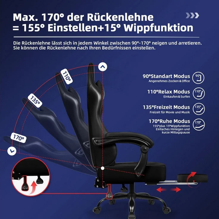 Hiazurm Gaming-Stuhl Gaming Stuhl, Bürostuhl mit Fußstütze,Klappbare gepolsterte Armlehnen (Bürostuhl Chefsessel Wippfunktion bis zu 170), Ergonomischer Gamer Stuhl 150 kg Belastbarkeit – Bild 3