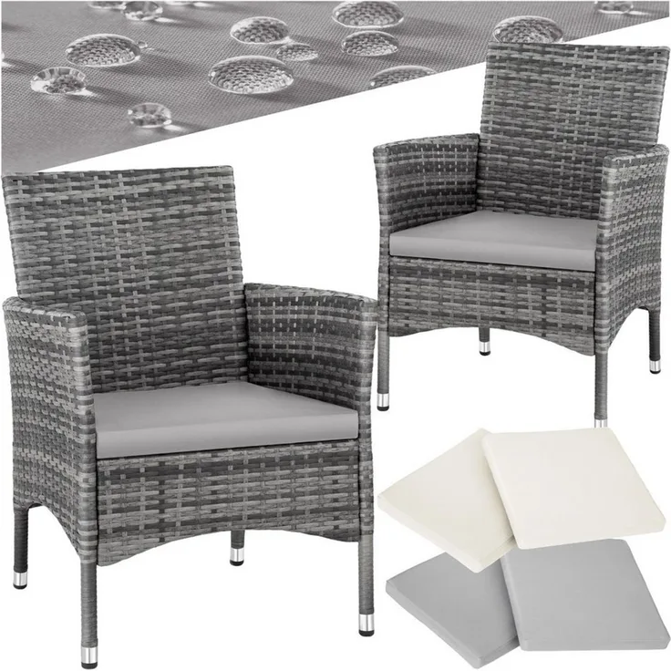 tectake Rattanstuhl 2er-Set Terrassenstühle, jeweils 59 x 57 x 85 cm, UV-beständig (Balkonstühle Nantes, 2 St), Polsterbezüge in Beige und Grau