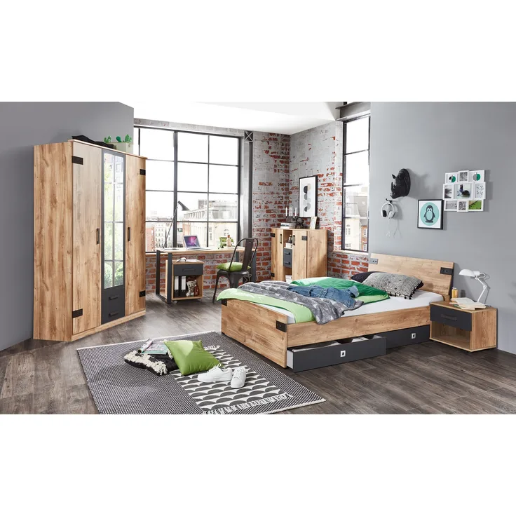 Jugendzimmer Liverpool Drehtürenschrank in Plankeneiche und Graphit - Kinderzimmer Komplett Set – Einzelmöbel und verschiedene Set Varianten - 7 teilig , Kleiderschrank (Drehtüren) + 140er Jugendbett + Bettschubkasten + Nachttisch + Schreibtisch + Roll...